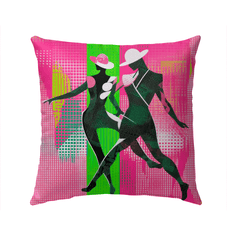 Balletic Synergy Attire Outdoor Pillow displayed on a patio sofa.