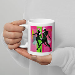 Elegant white glossy mug with Balletic Synergy Attire design.