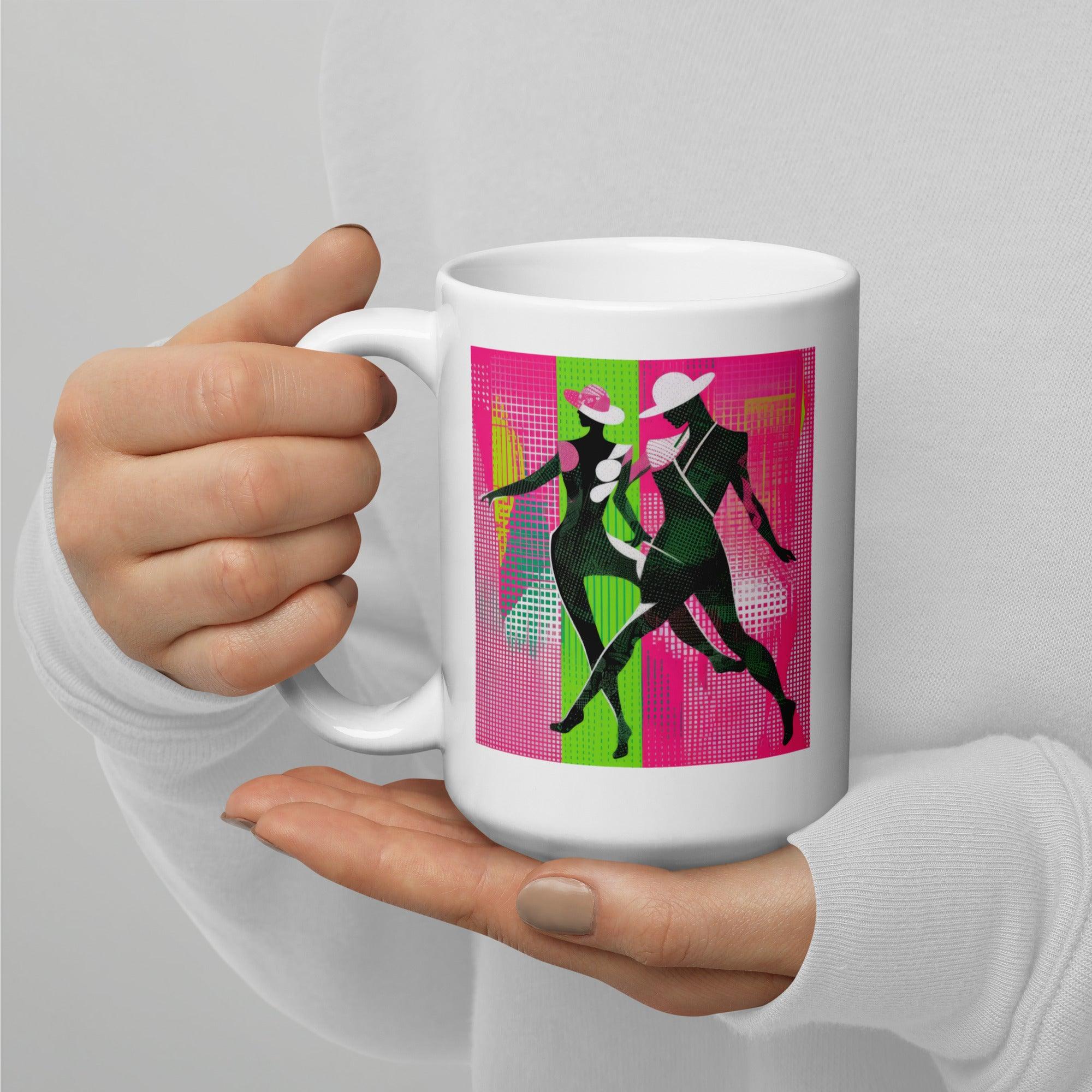 Close-up of Balletic Synergy Attire white glossy mug handle.