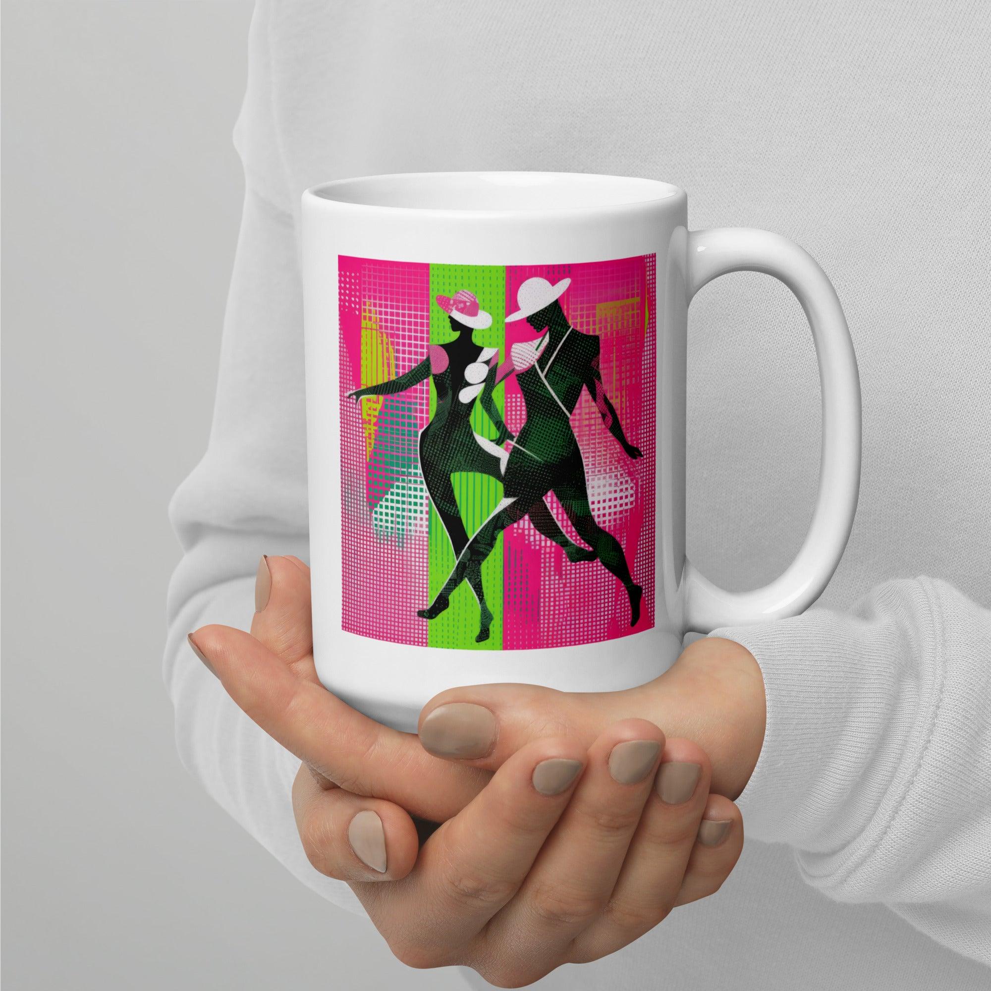 White glossy mug with Balletic Synergy print for ballet lovers.