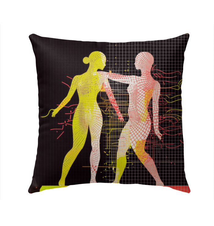 Balletic Tapestry Style Outdoor Pillow displayed on a cozy outdoor sofa.