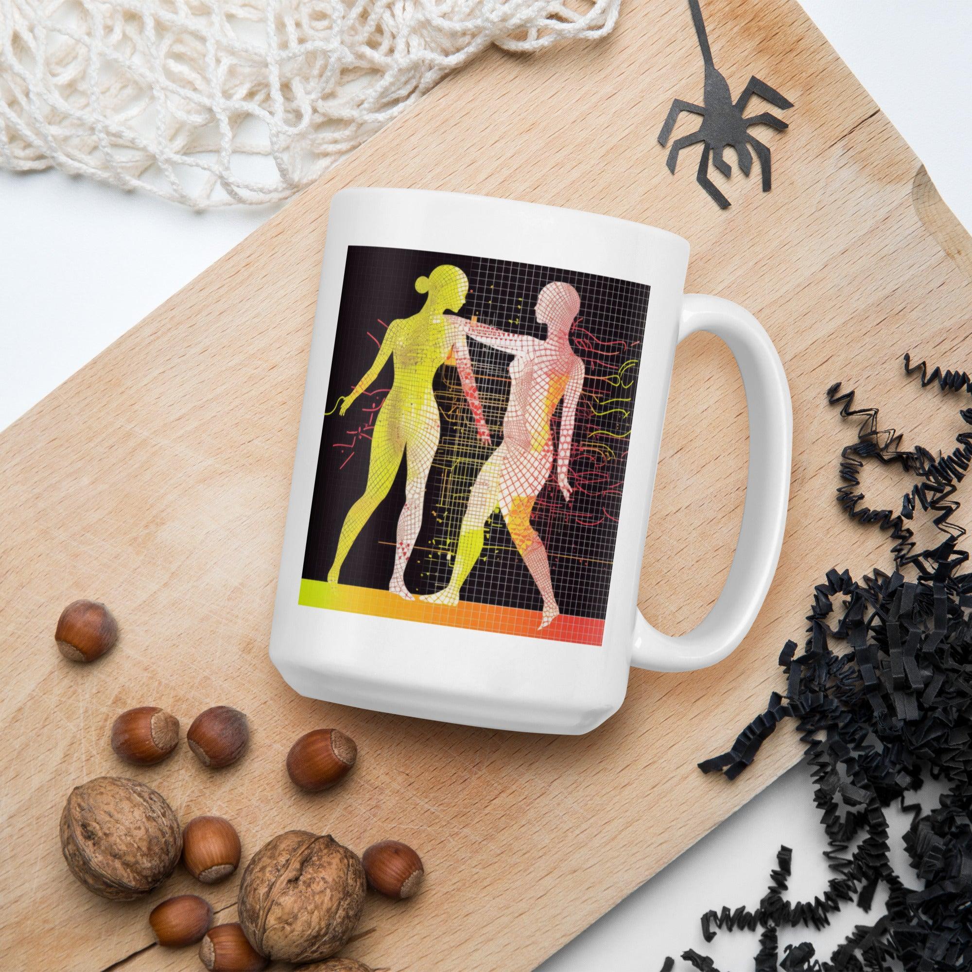 Elegant White Glossy Mug with Balletic Tapestry Design