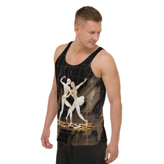 Men's stylish tank top featuring balletic transcendence pattern.