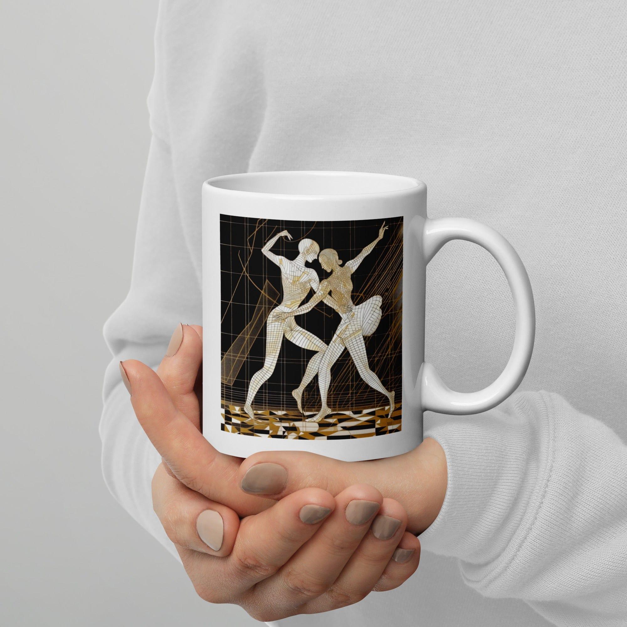 Stylish white glossy coffee mug with balletic design details.