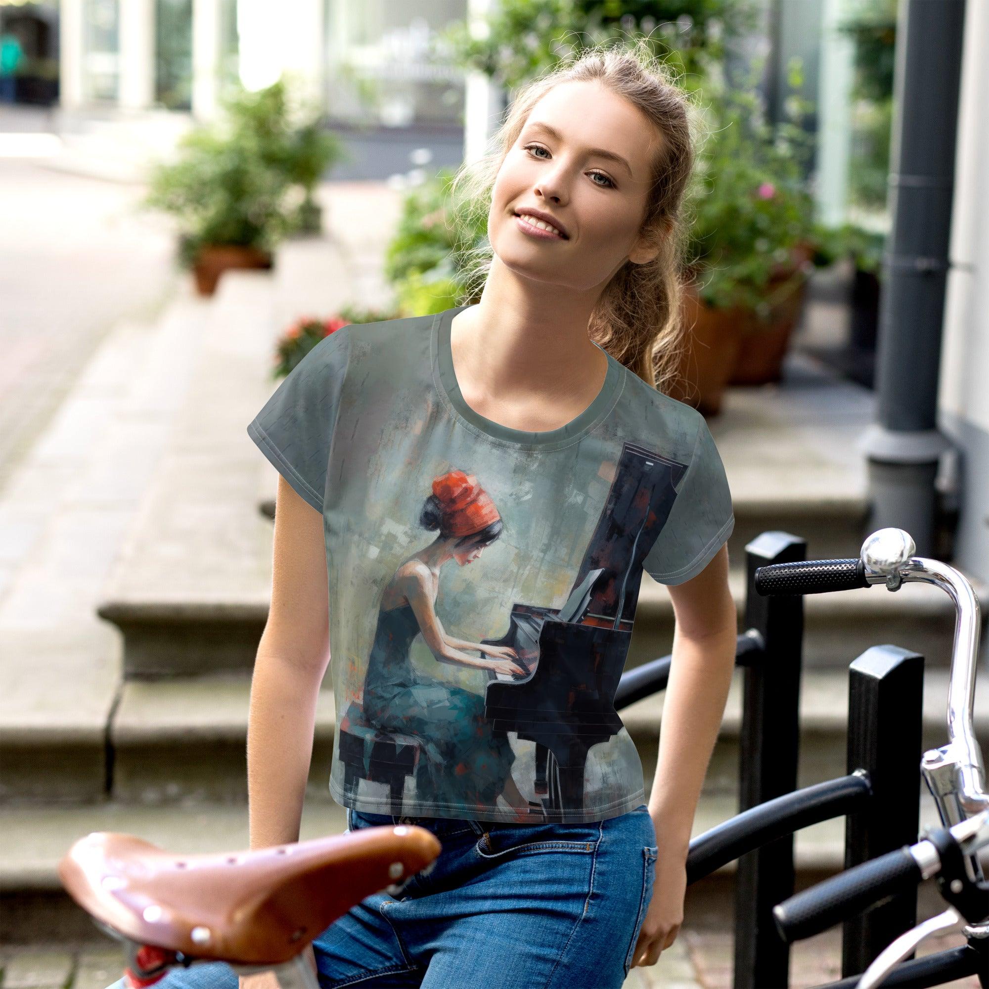 Beat Bliss crop tee with vibrant all-over print design.