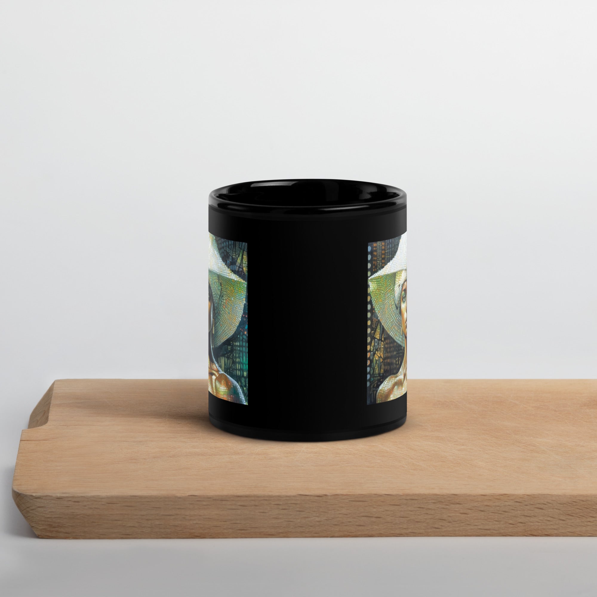 Boho Delight Beyond Style Black Glossy Mug showcasing intricate patterns.