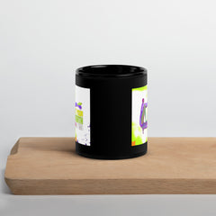 Yoga lover's glossy black mug with Camel Pose design.