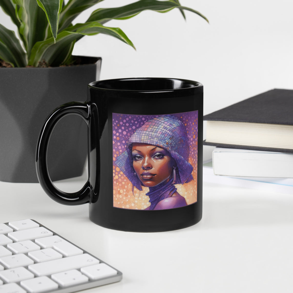 Boho Bliss Beyond Style Black Glossy Mug with colorful bohemian design.