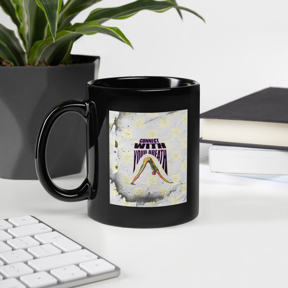 Black glossy mug featuring Tree Pose design for yoga enthusiasts.