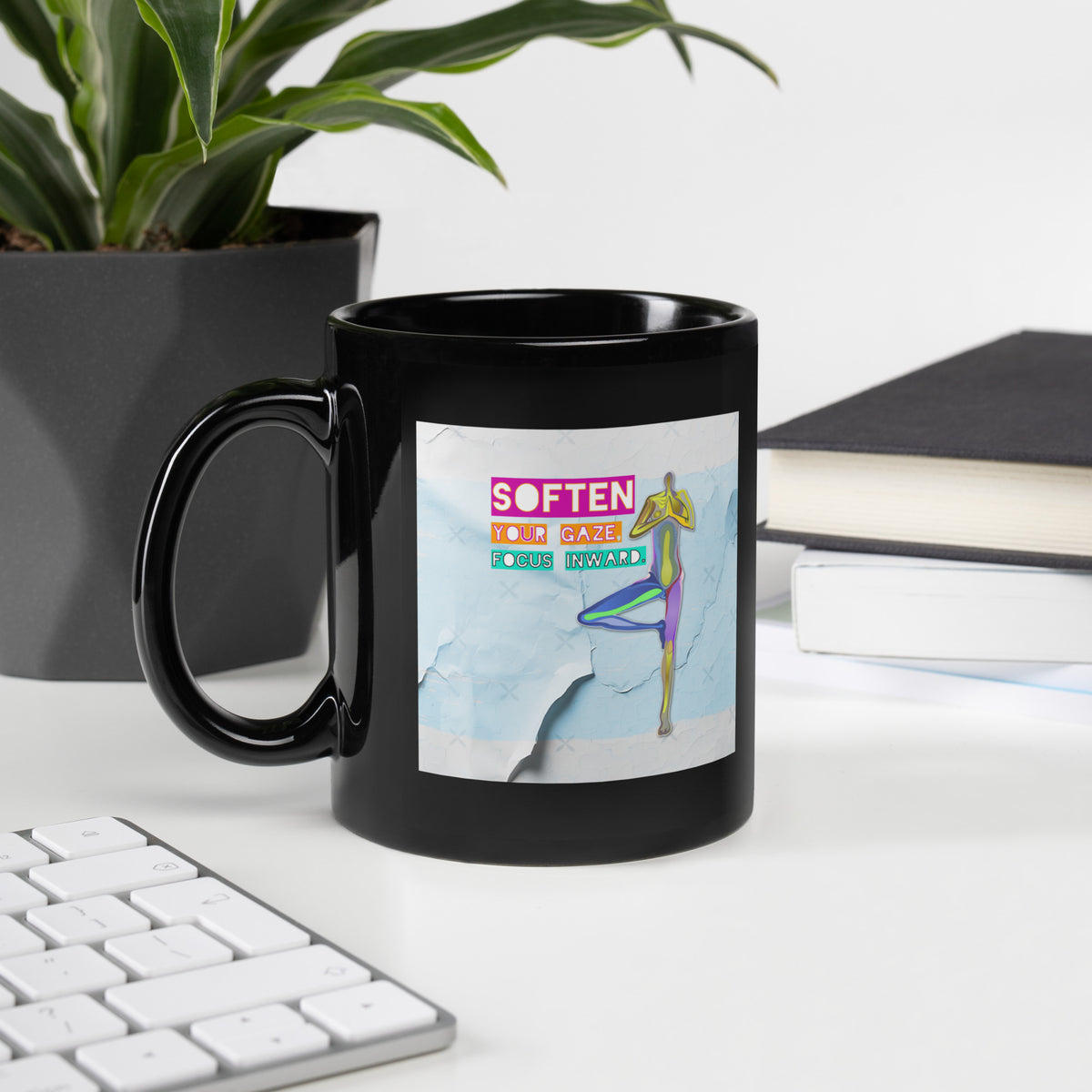 Black glossy mug featuring Child's Pose yoga design.