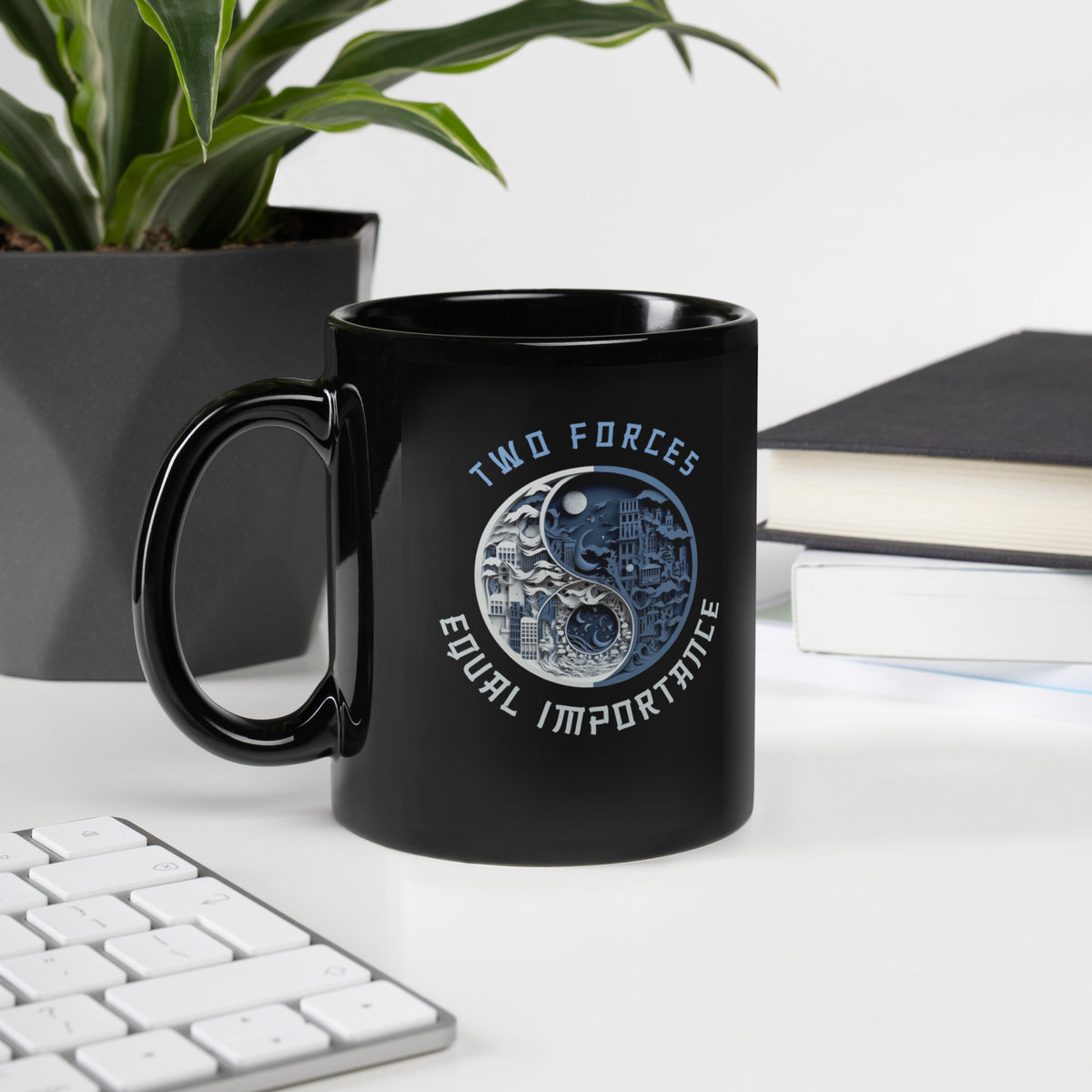 Black glossy mug with Fire and Ice theme.