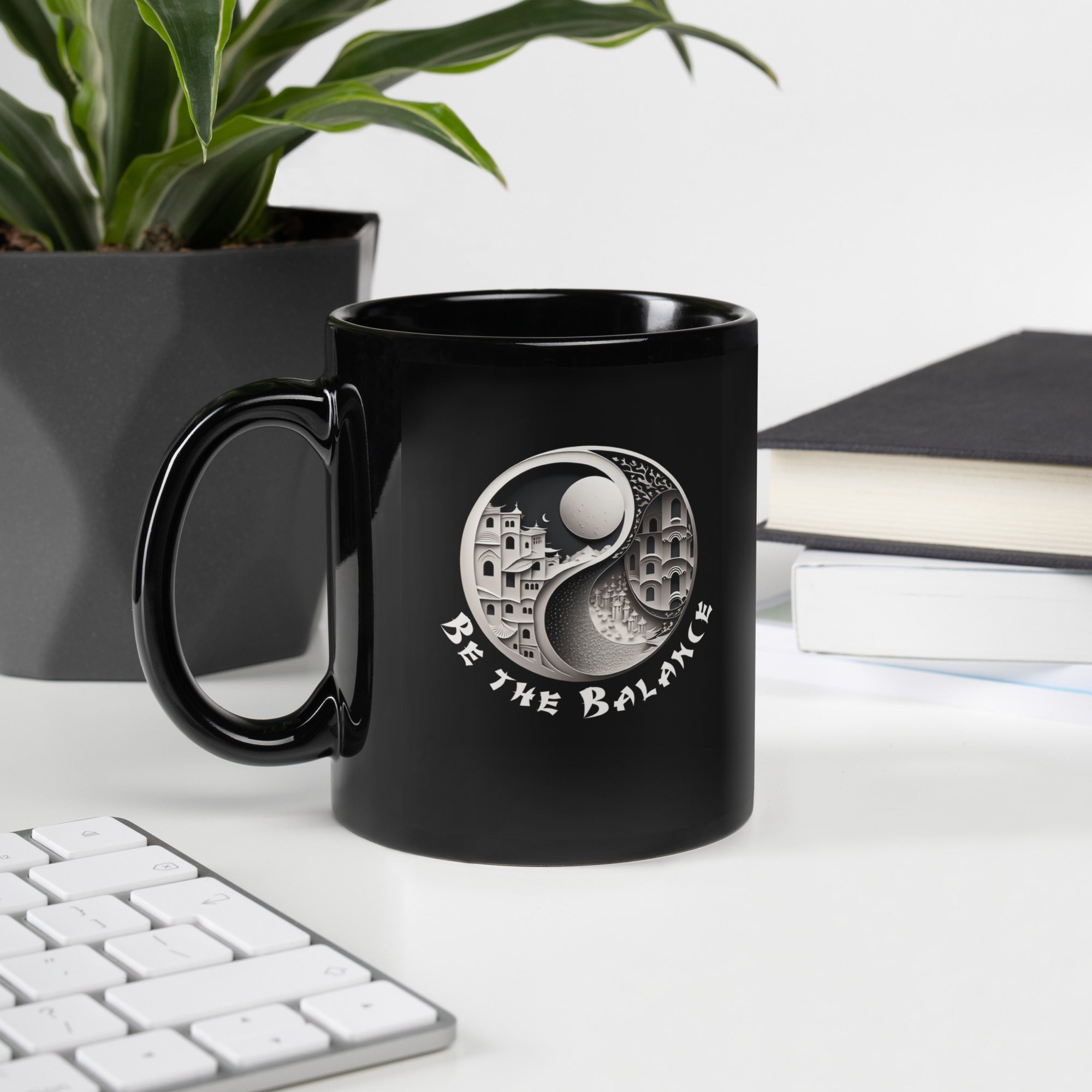 Black glossy mug with colorful bird illustrations.