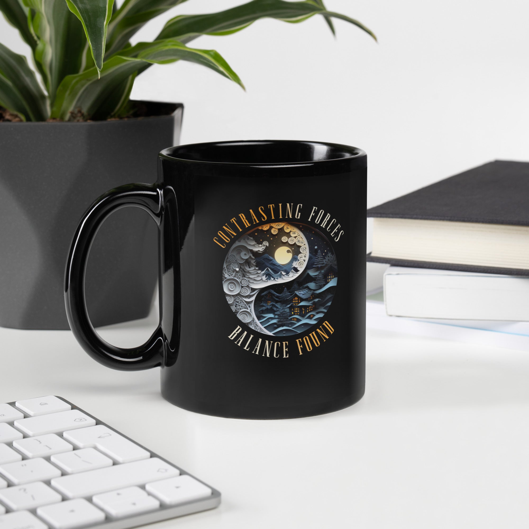 Night Sky Yin Yang Black Glossy Mug front view.