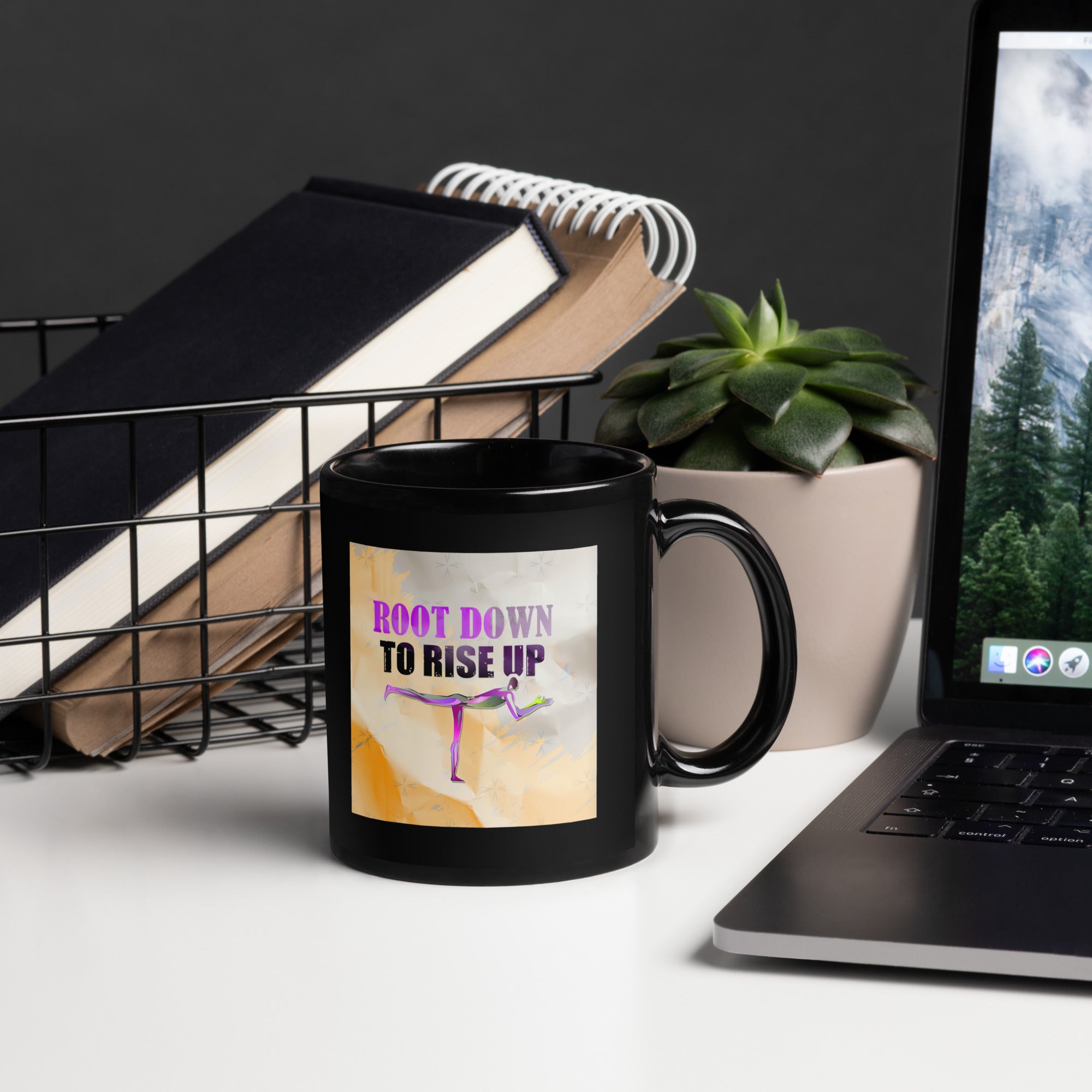 Black glossy mug with Bridge Pose Renewal design.