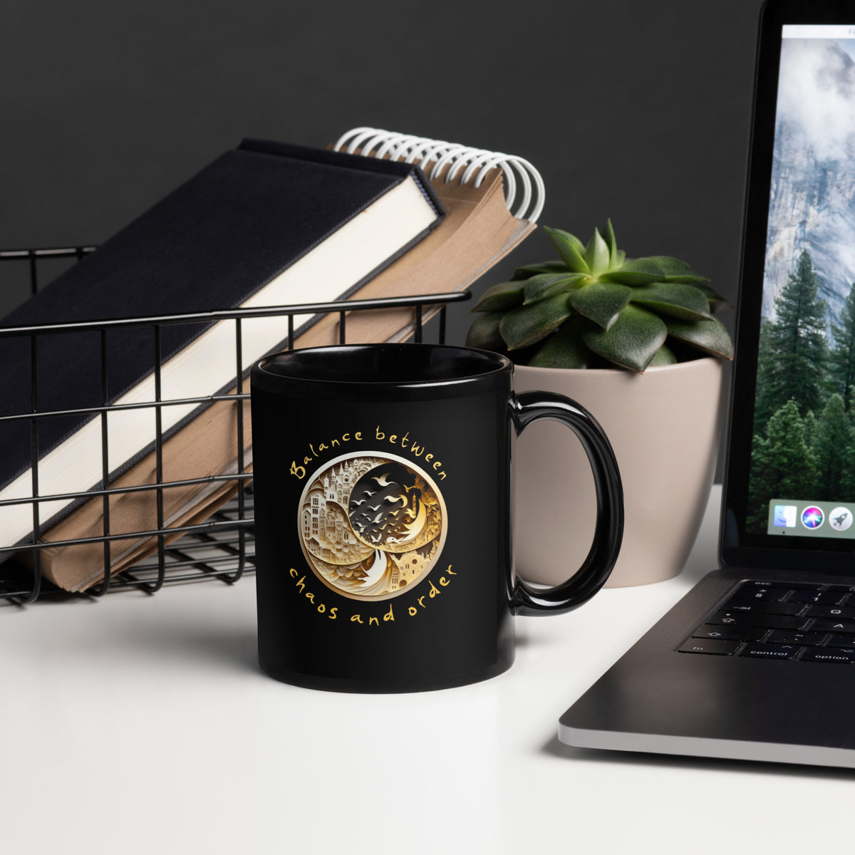 Black glossy mug with rural Ying Yang design.