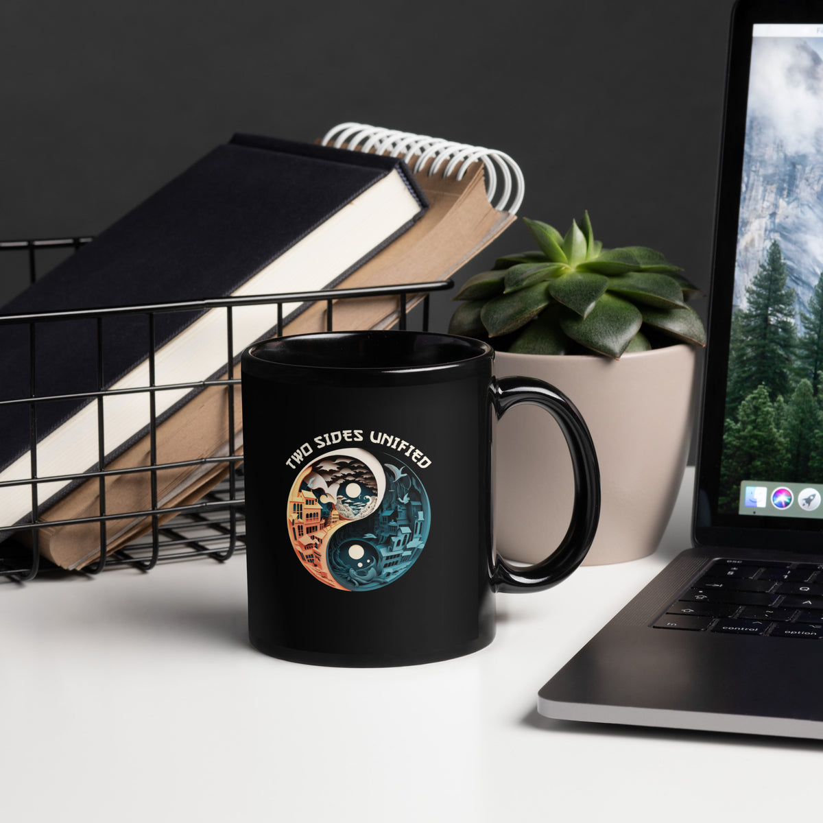 Black glossy mug with Yin Yang Koi fish design.