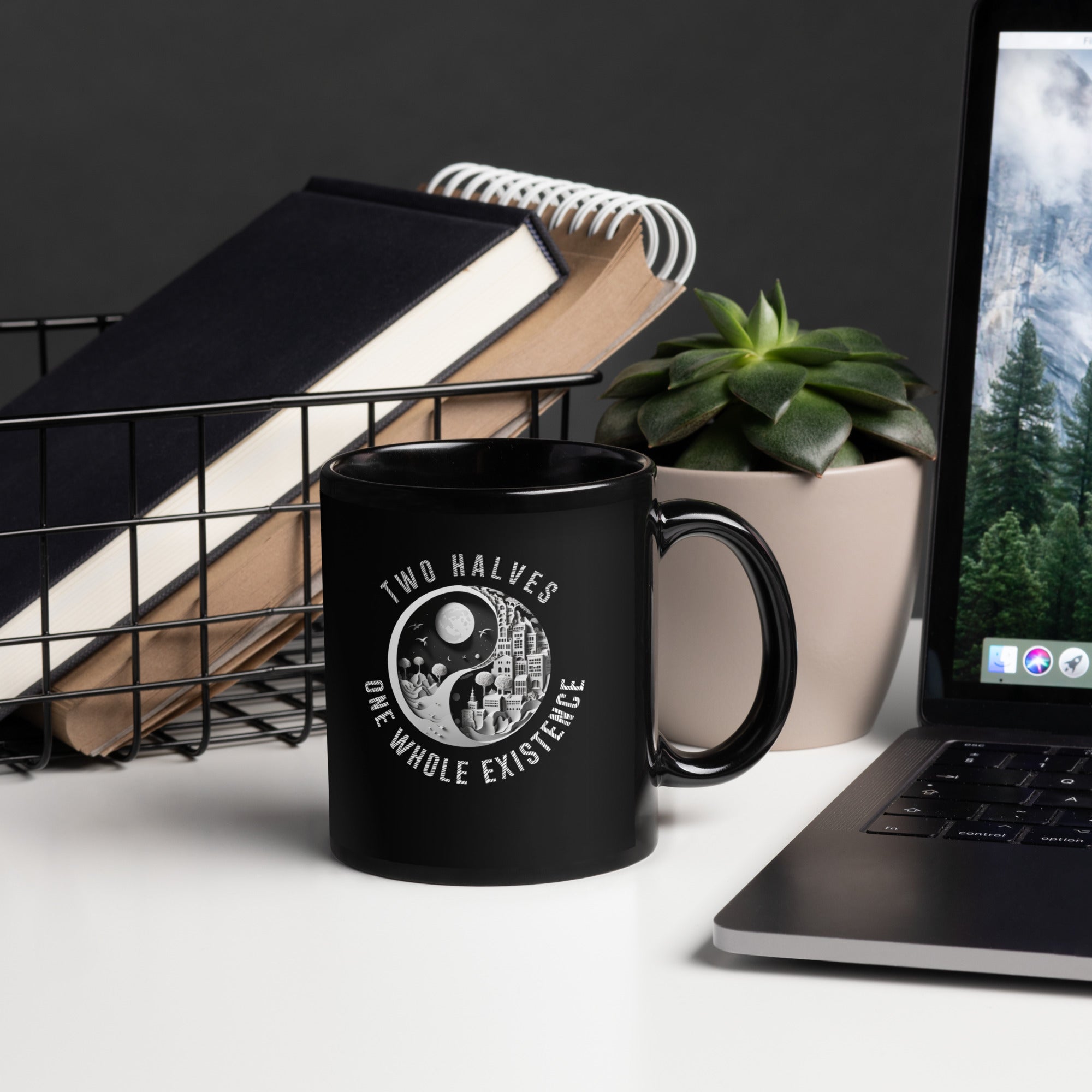 Black glossy mug with cherry blossom Yin Yang design.