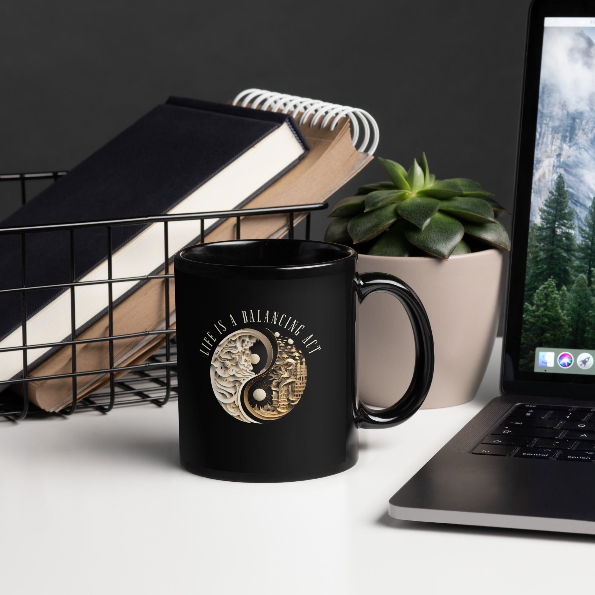 Black glossy mug with elegant butterfly dualism design.