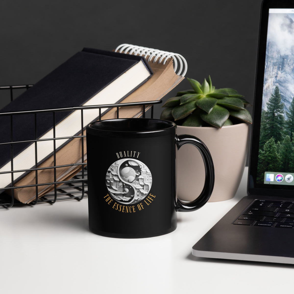 Black glossy mug with celestial Equinox Eclipse design.