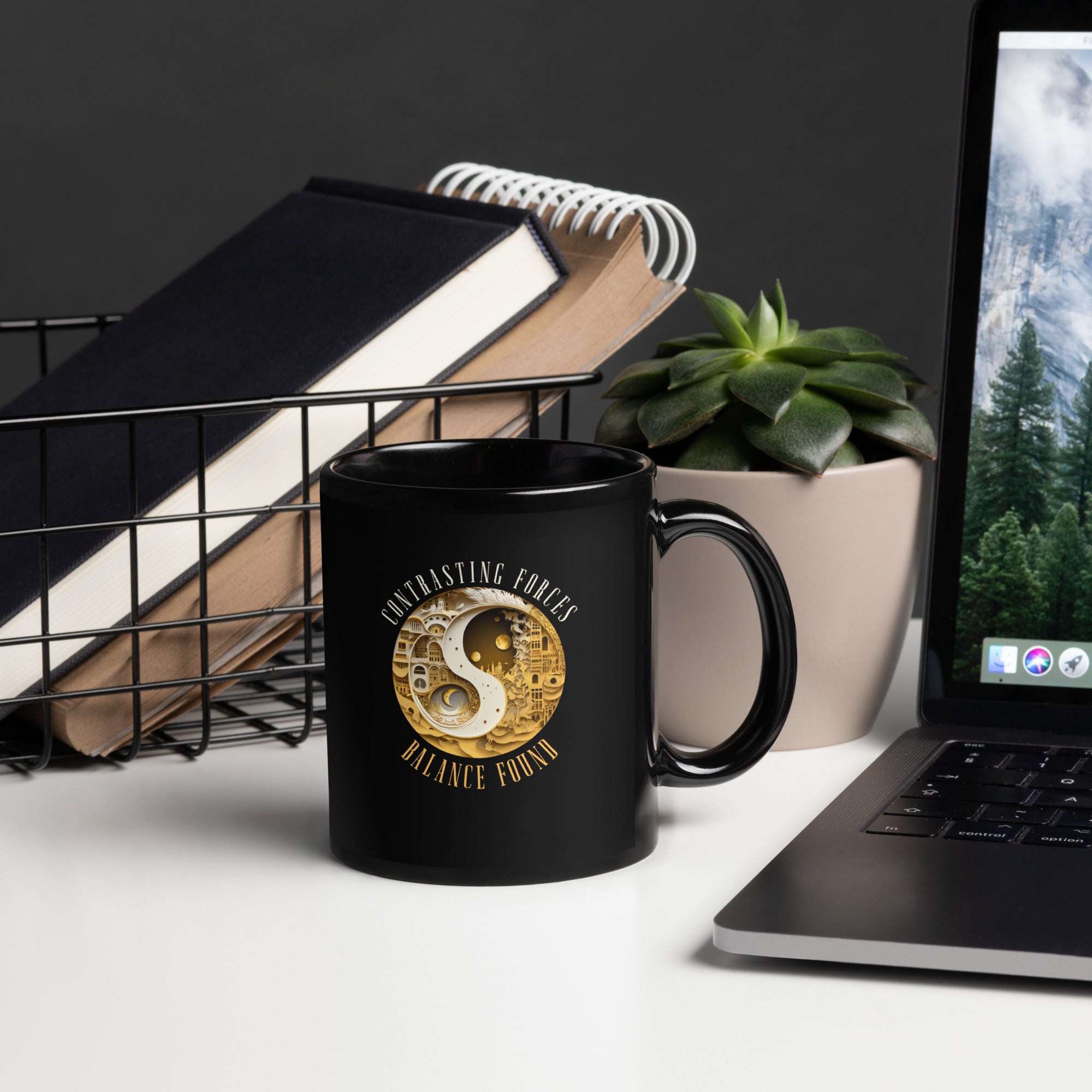 Black glossy mug with playful climbing koalas design.