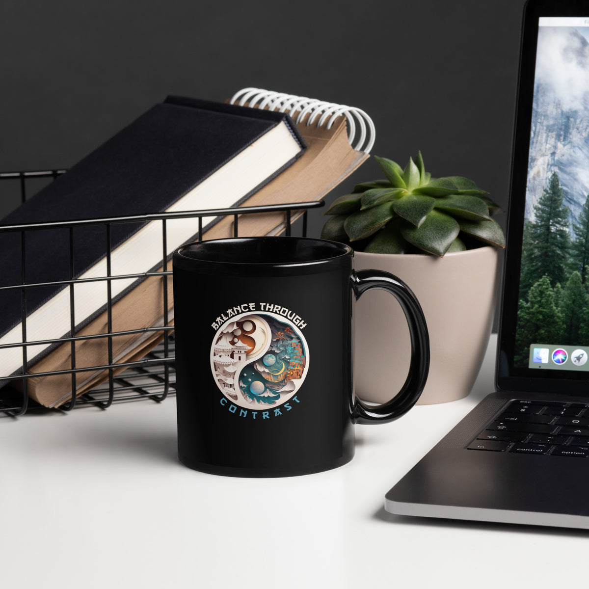 Black glossy mug with starry night and balance theme.