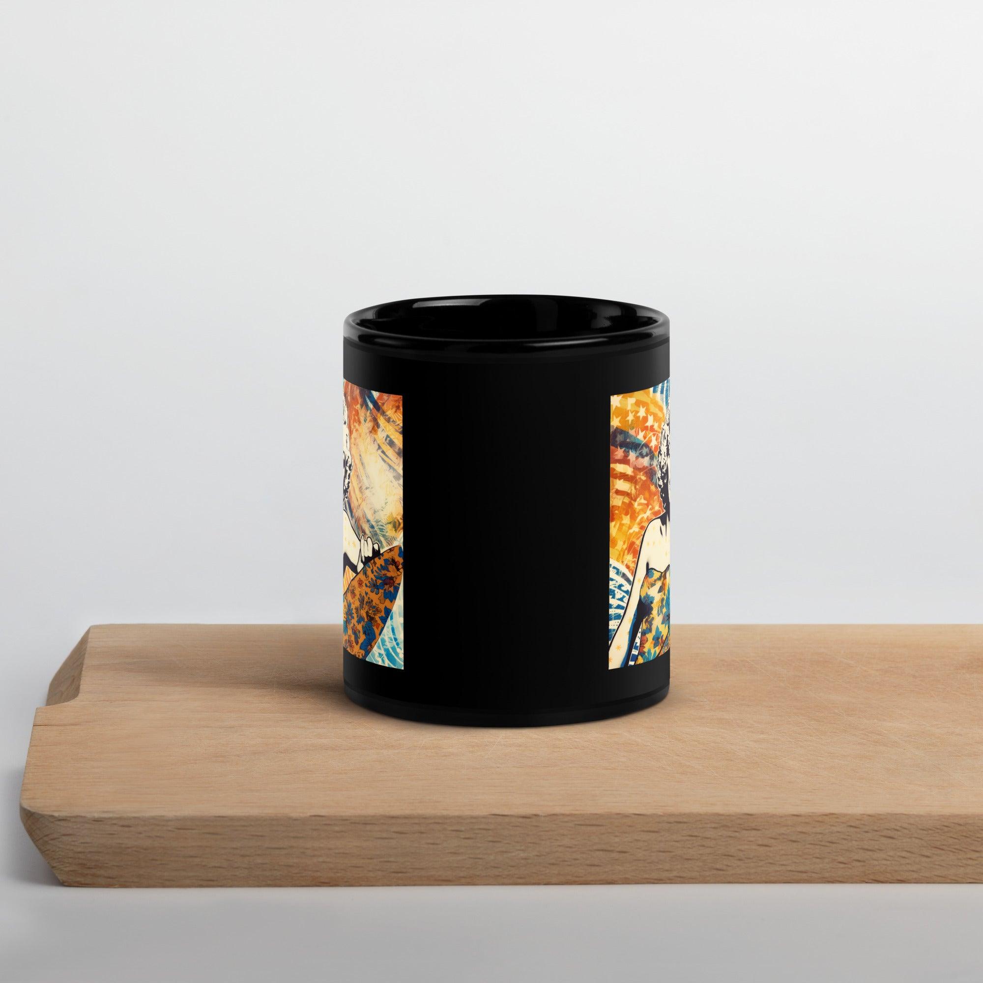 Surfing 5 08 Black Glossy Mug, combining elegance and the thrill of surfing in one design.