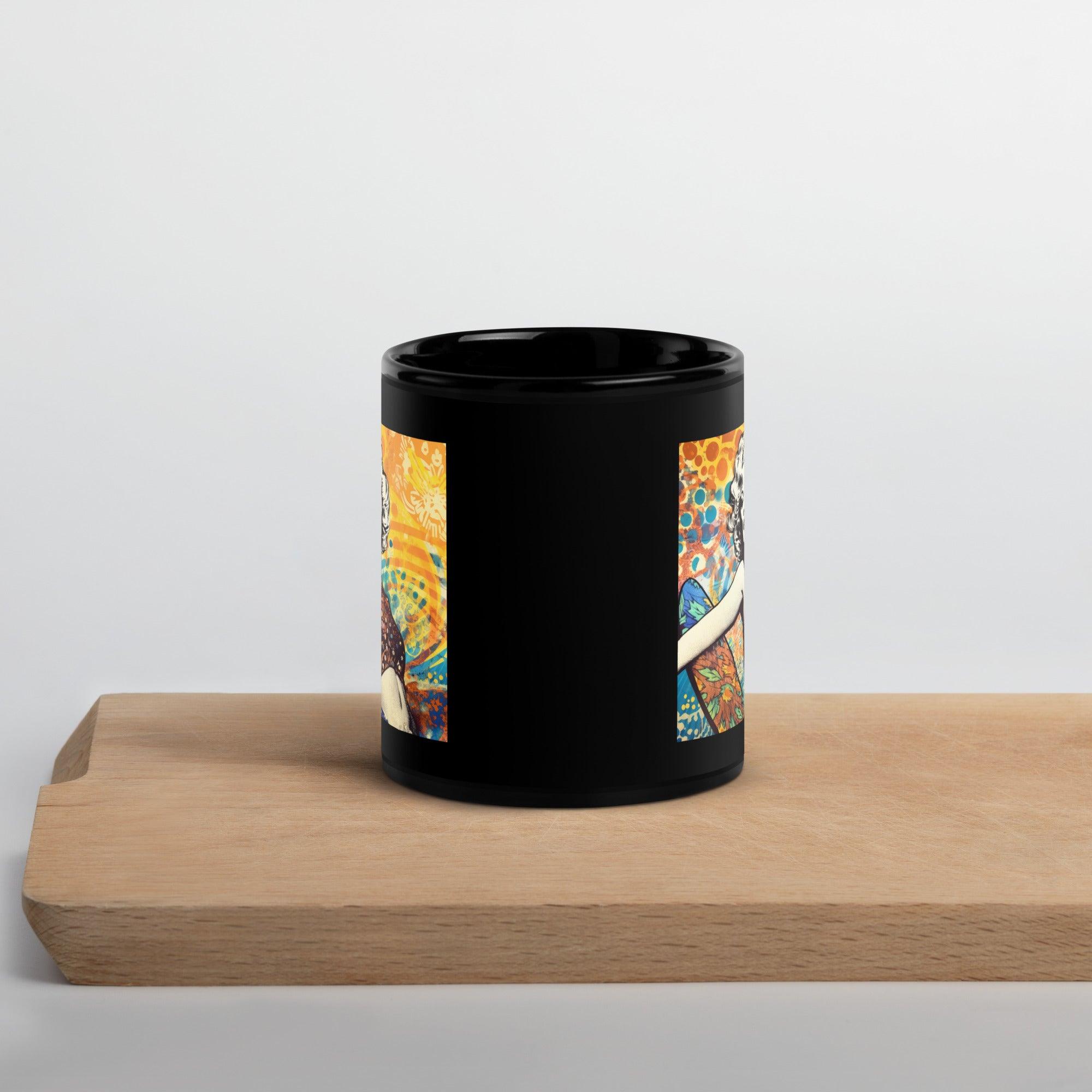 Chic black glossy mug featuring Surfing 5 06's stylish wave pattern, perfect for any beverage.