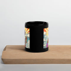 Sleek black glossy mug adorned with Surfing 5 27's iconic wave pattern, perfect for a stylish morning.