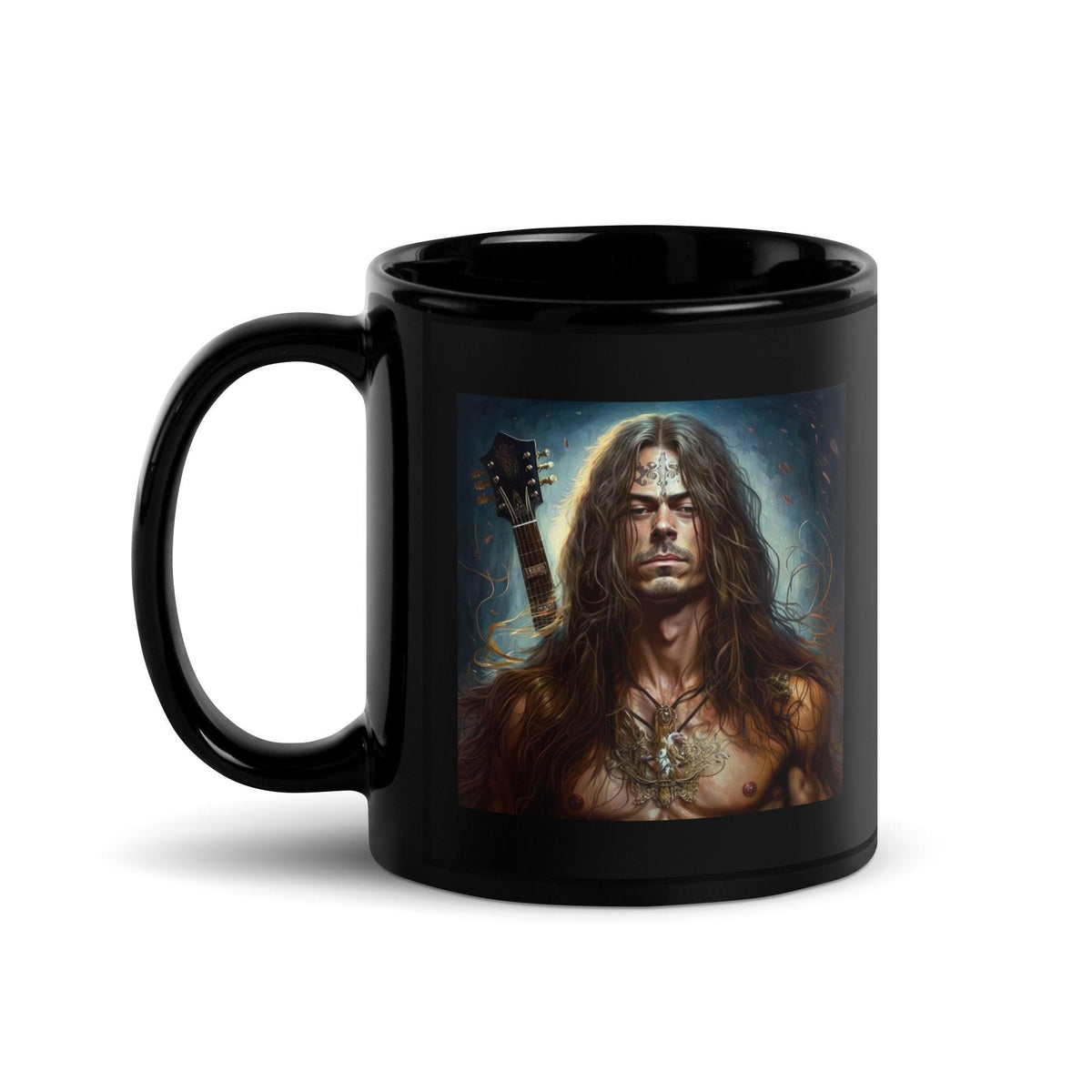 NS-863 black glossy coffee mug filled with coffee, steam visible.