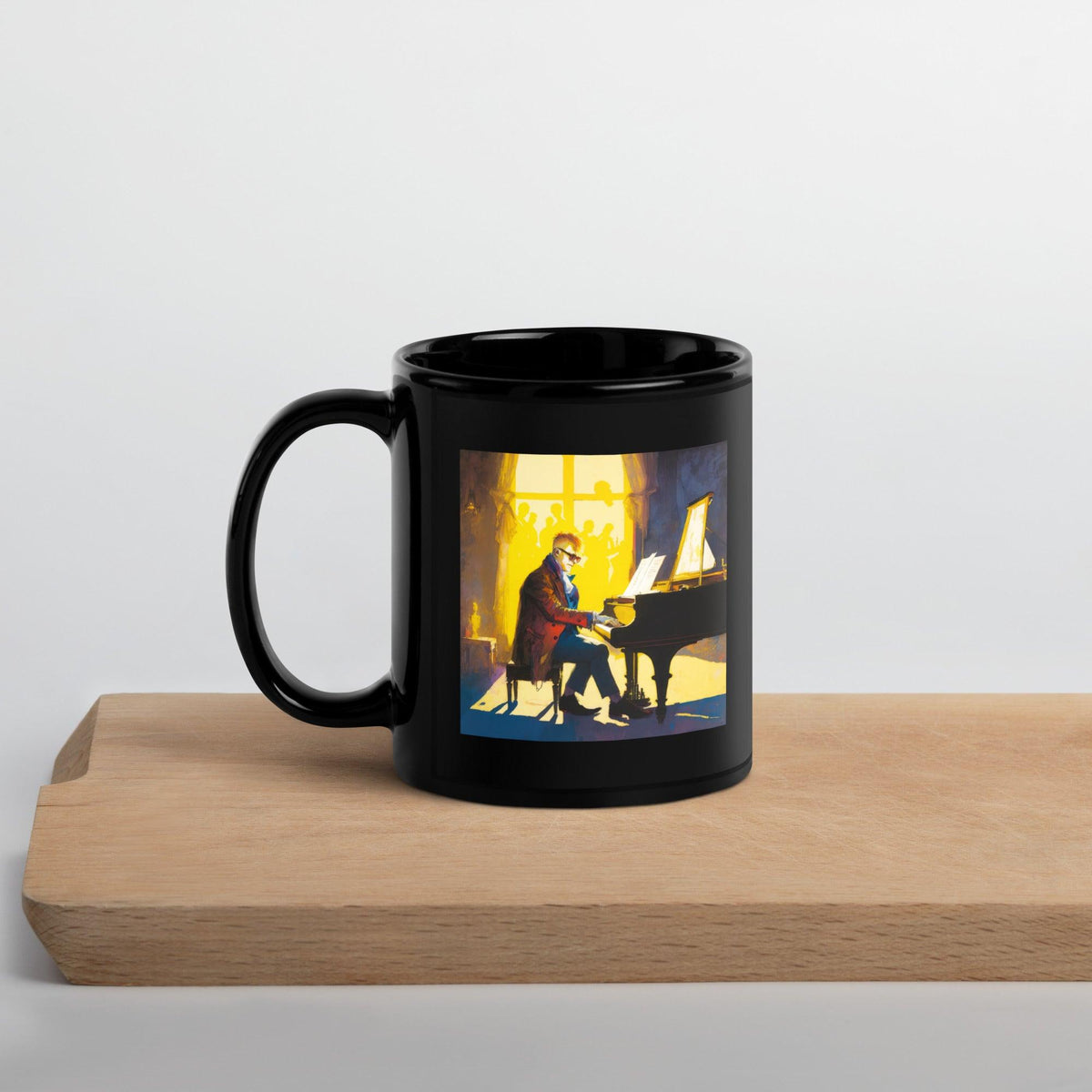 NS-835 black glossy coffee mug on a wooden table.