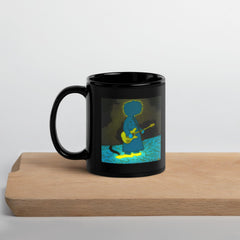 NS-857 black glossy mug filled with steaming coffee.