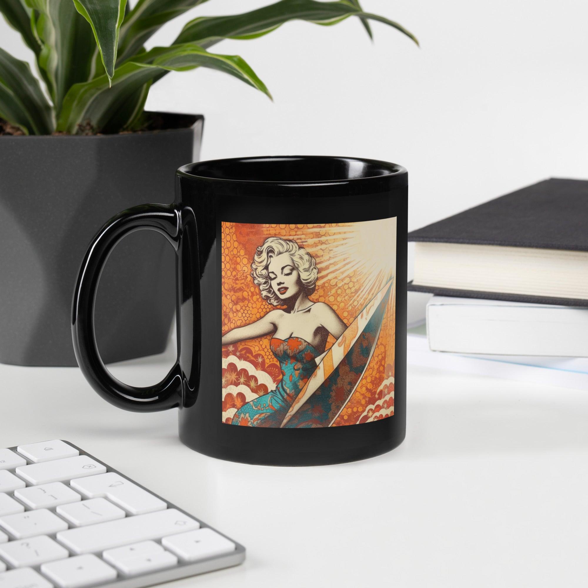 Sophisticated Surfing 5 05 Black Glossy Mug with stylish wave designs for a modern morning routine.