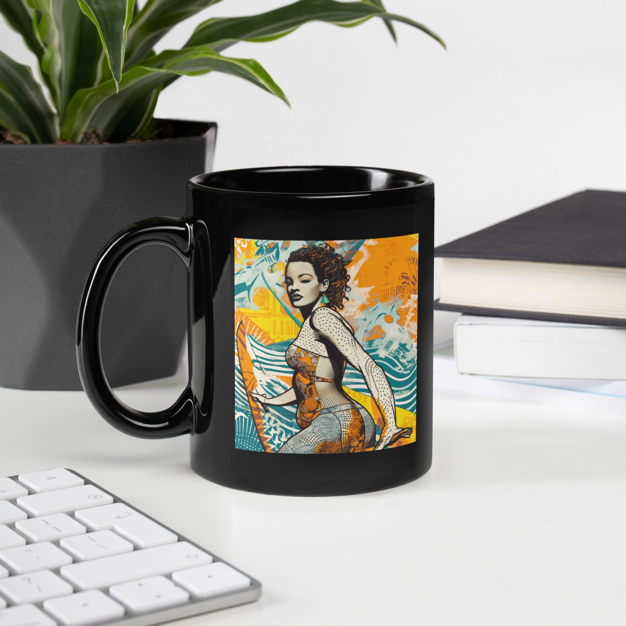 Sophisticated Surfing 5 30 Black Glossy Mug with chic wave patterns for a stylish morning coffee.