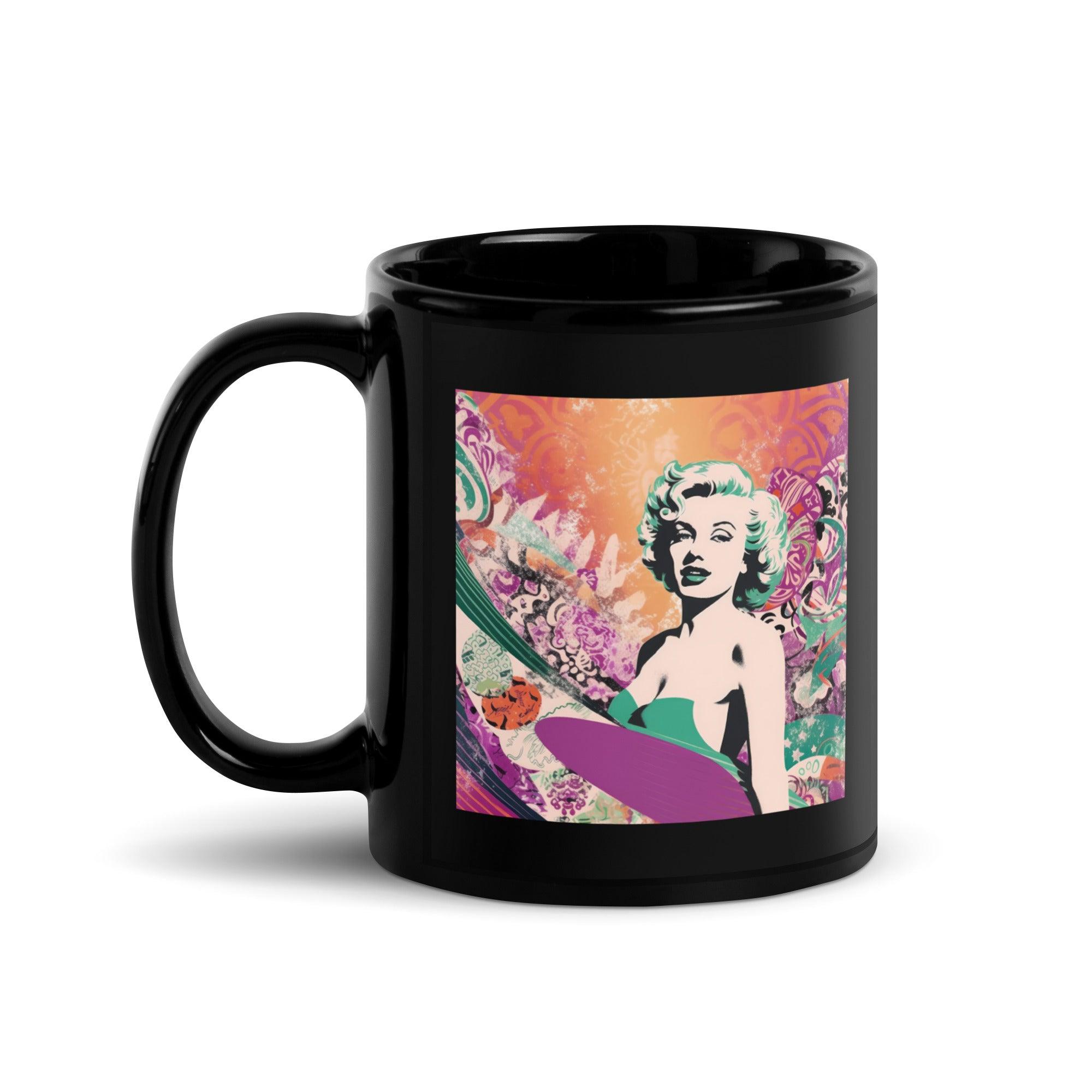 Stylish black glossy mug adorned with Surfing 5 02's sleek wave design for surf enthusiasts.