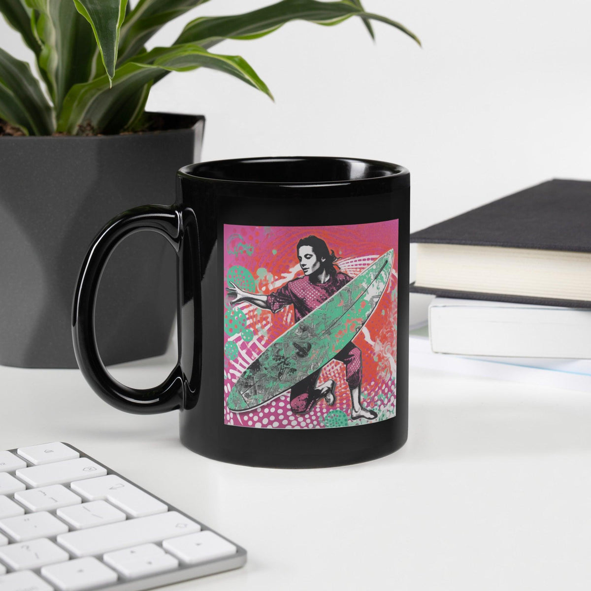 Sleek Surfing 5 10 Black Glossy Mug featuring dynamic surf artwork for an energized morning.