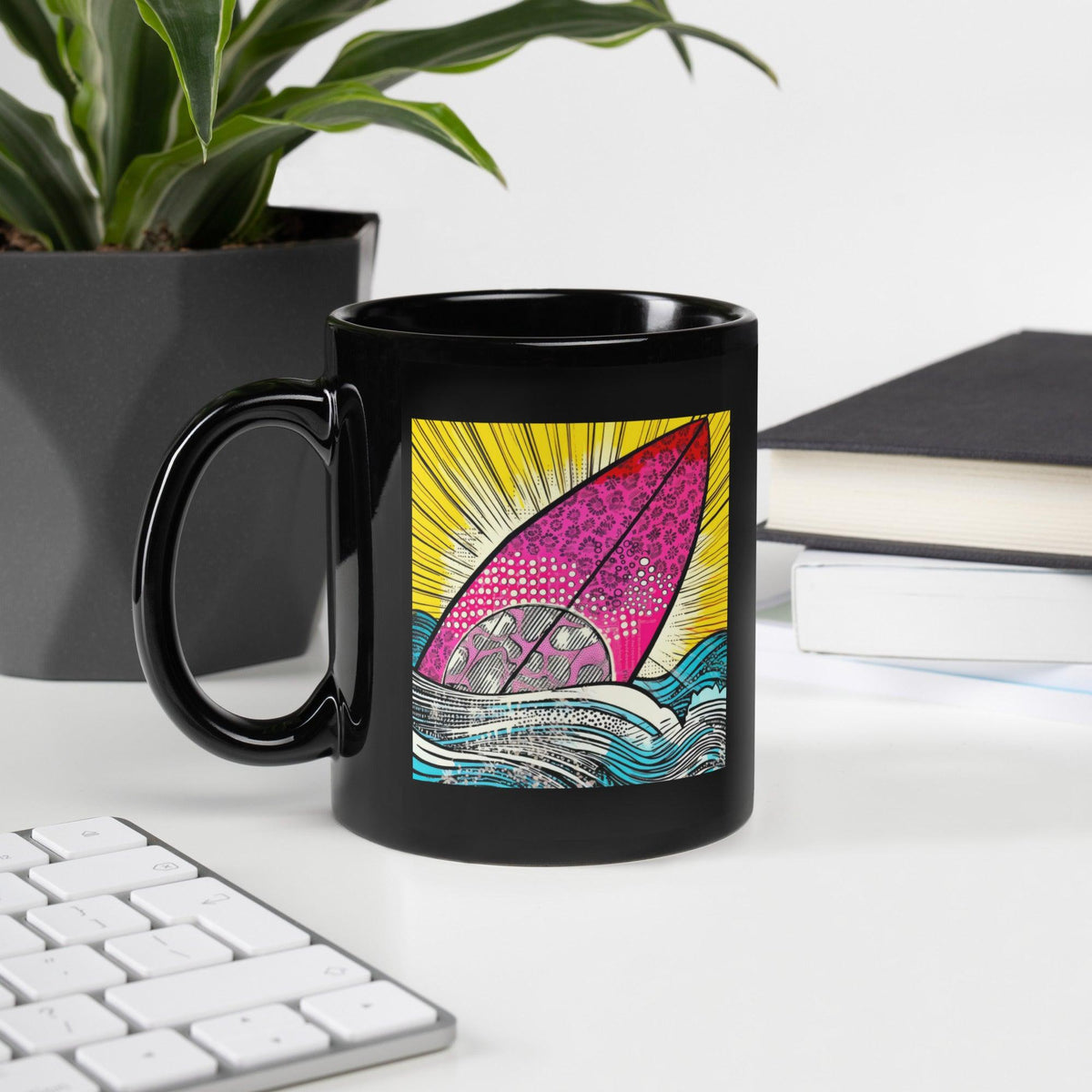 Sophisticated Surfing 5 32 Black Glossy Mug with dynamic wave design for a chic coffee experience.