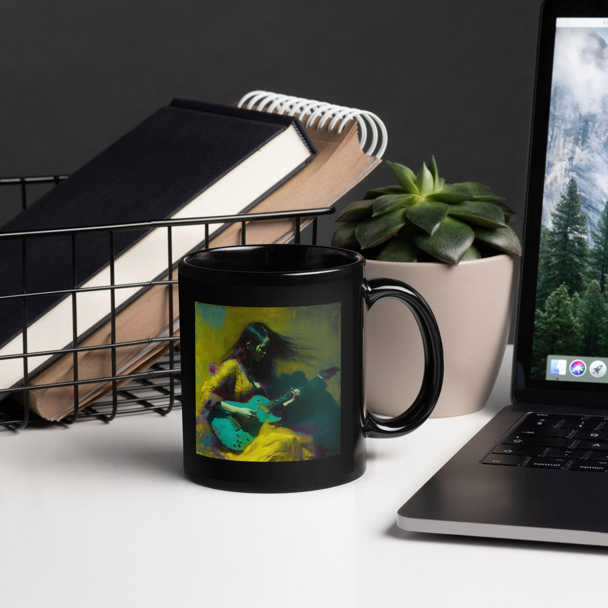 NS-806 Black Glossy Mug on wooden table illuminated by morning sunlight.