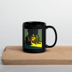 NS-801 black glossy mug on wooden table with morning sunlight.