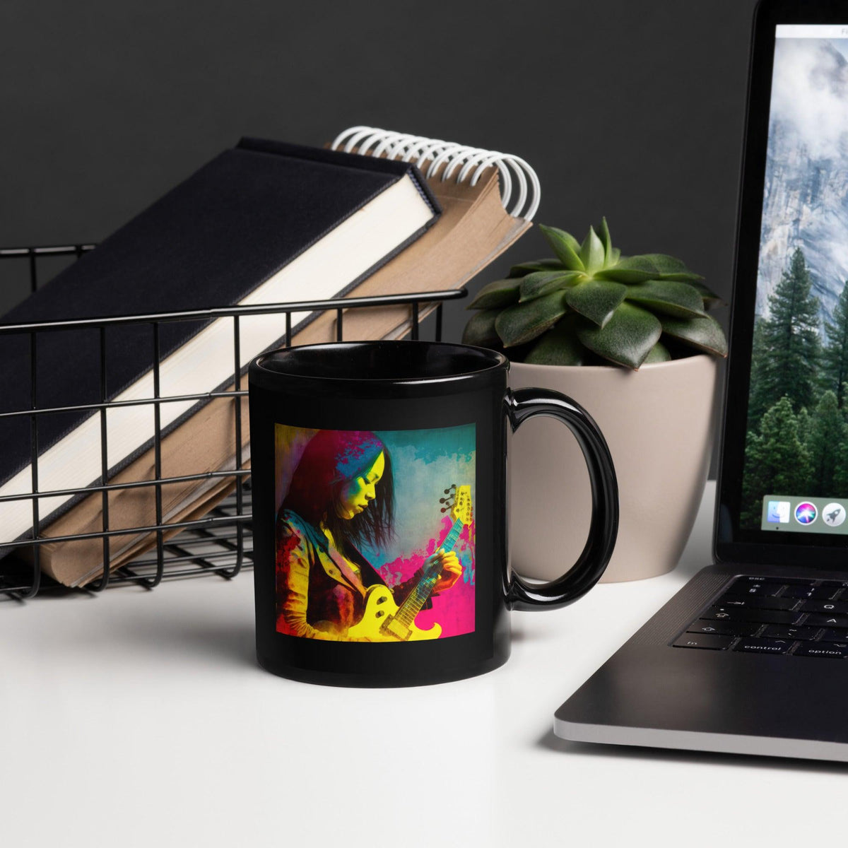 NS-808 black glossy mug on a wooden table with morning sunlight.