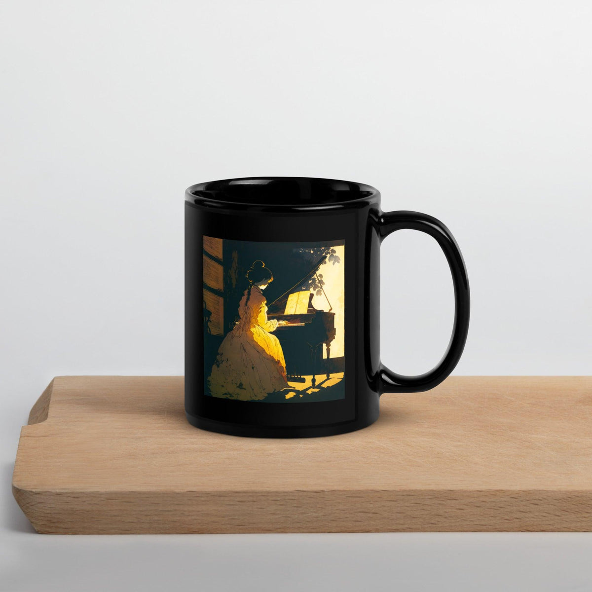 NS-811 black glossy coffee mug on a wooden table