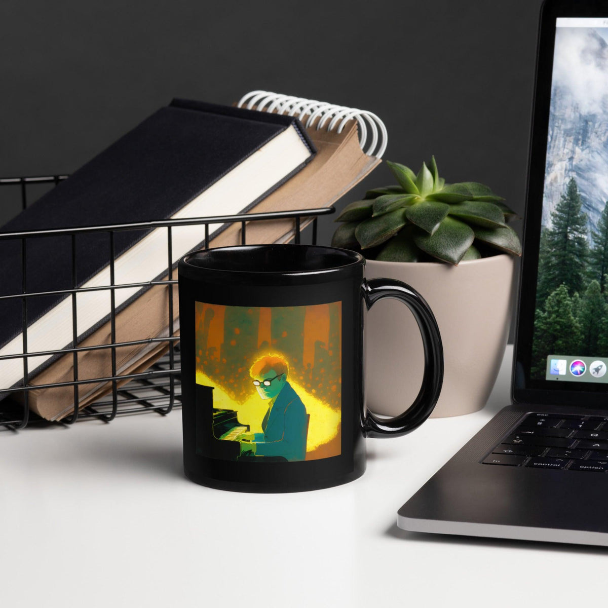 NS-832 black glossy coffee mug on a wooden table.