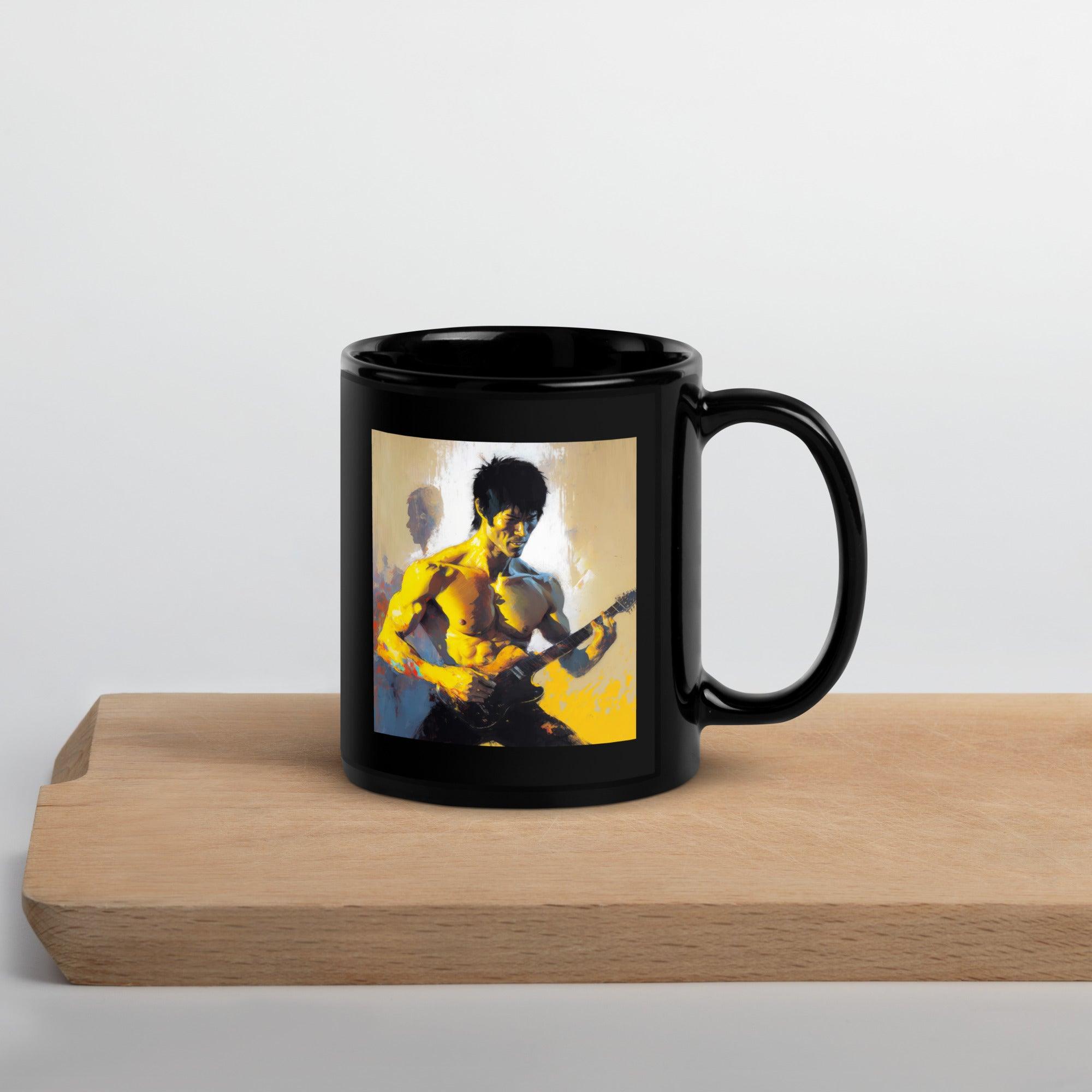 NS-825 black glossy mug on a wooden table with morning sunlight.