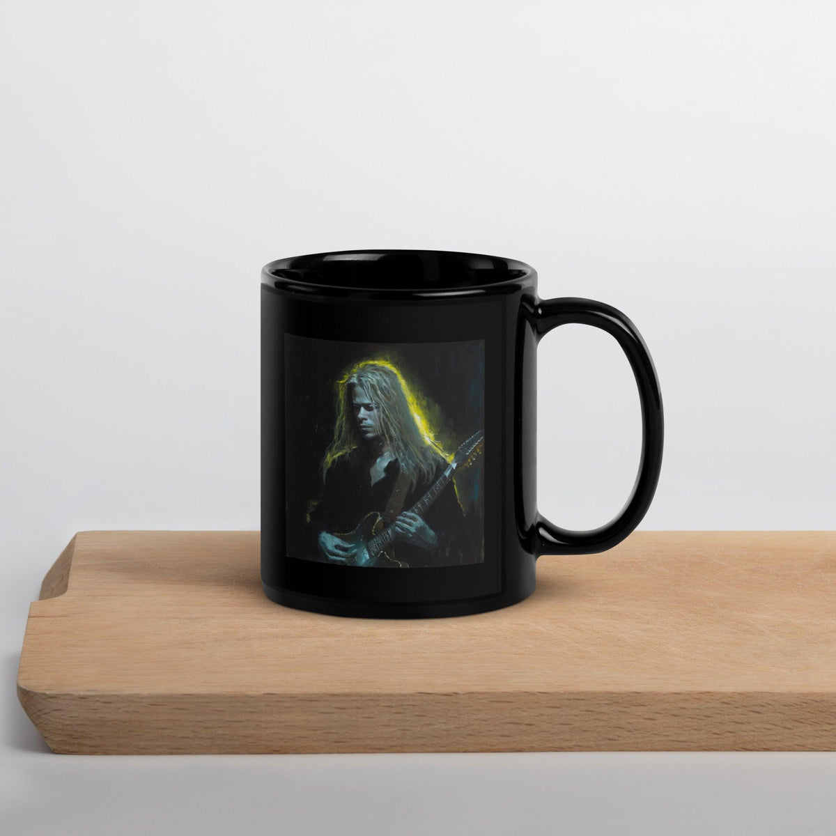 NS-816 black glossy coffee mug on a wooden table.