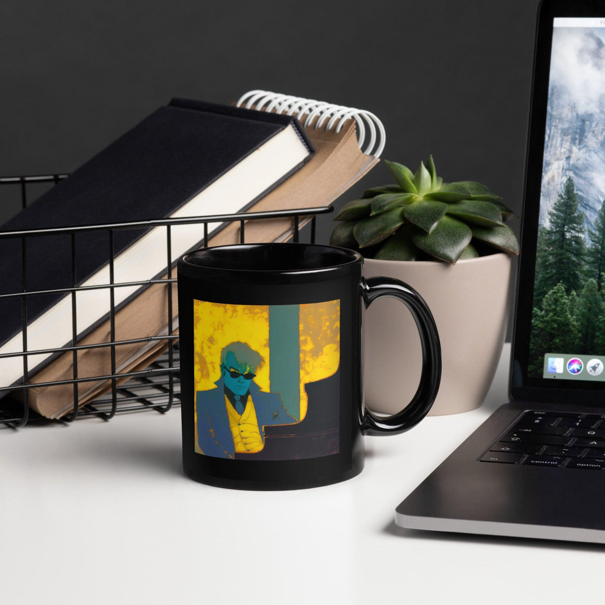 NS-834 black glossy mug on a wooden table illuminated by morning sunlight.