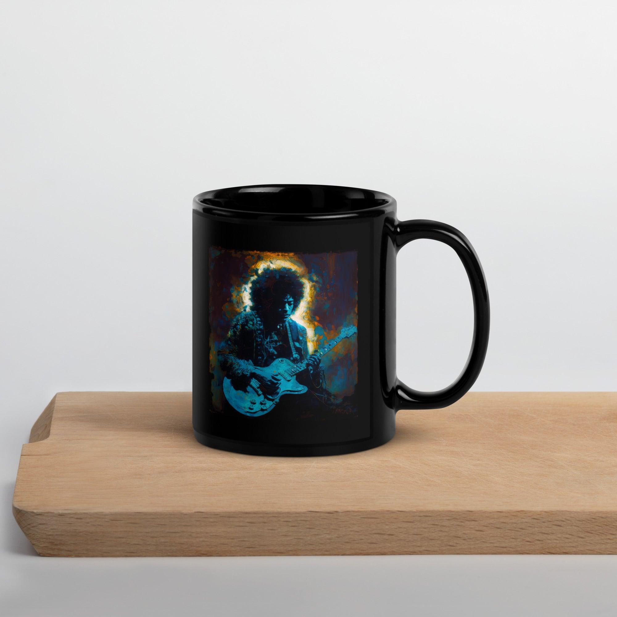 NS-855 black glossy mug on a wooden table.