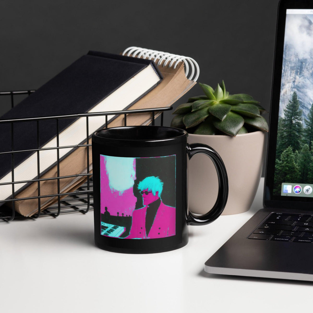 Close-up of NS-829 Black Glossy Mug on a wooden table.