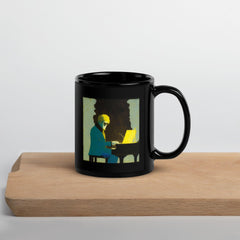 NS-828 black glossy coffee mug on a wooden table with morning light