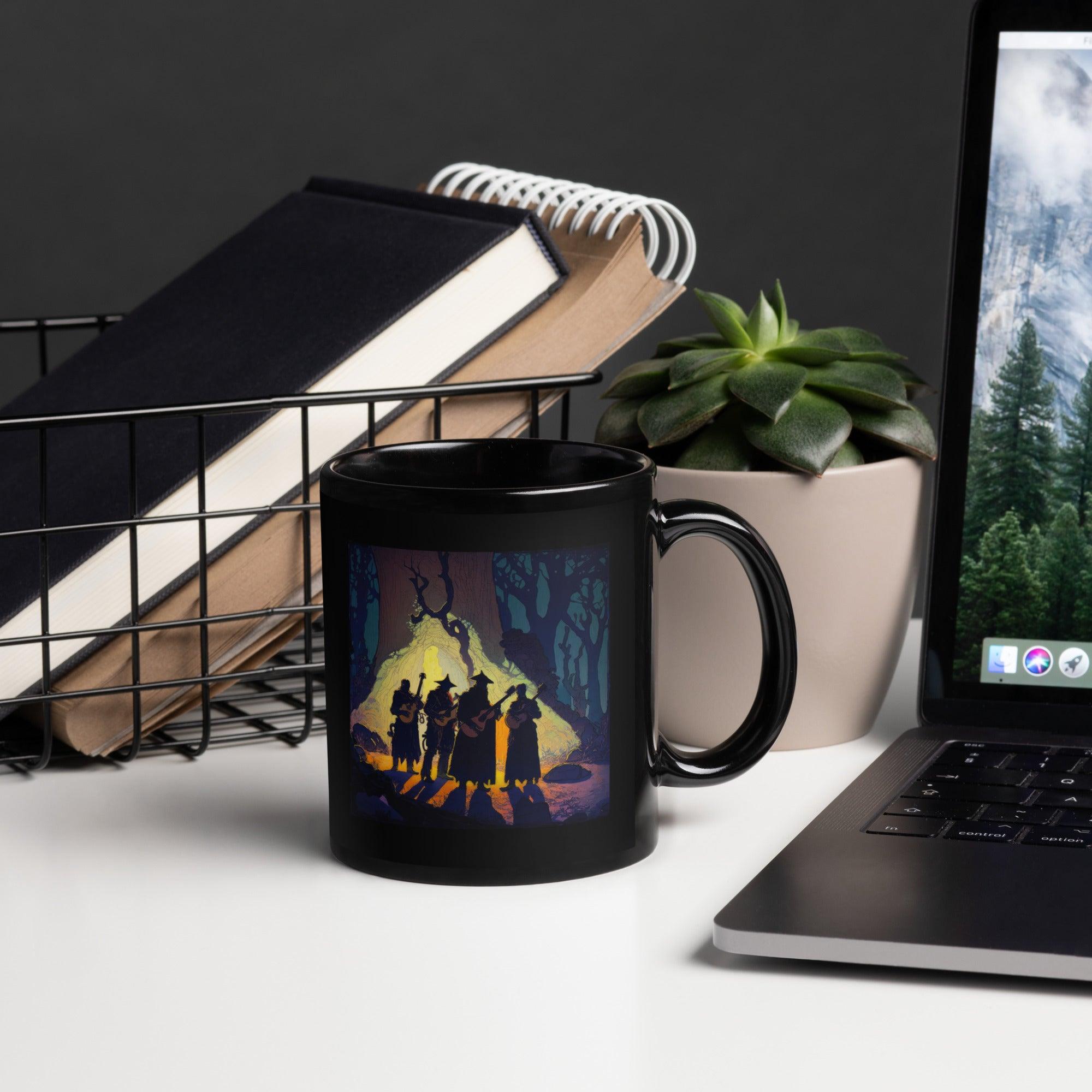 NS-848 sleek black glossy mug on a wooden table.