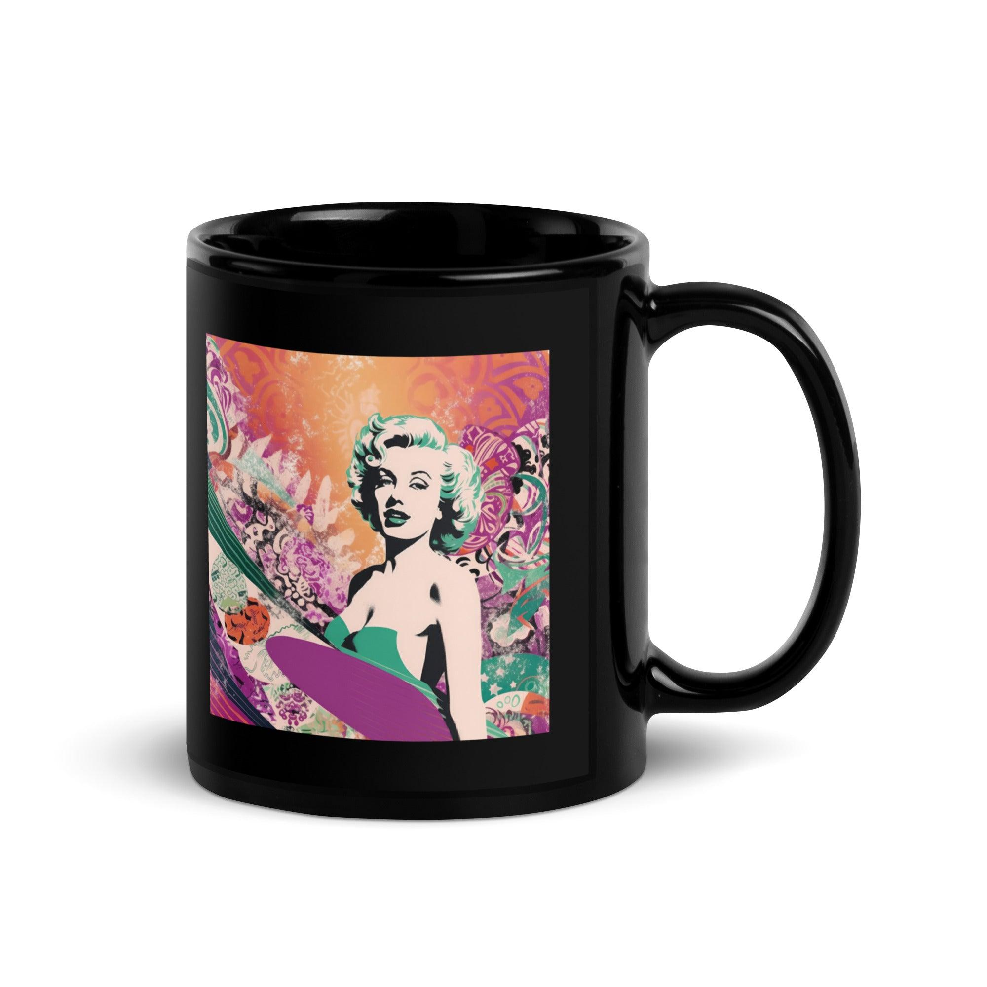 Sophisticated Surfing 5 02 Black Glossy Mug with vibrant surf graphics for a modern kitchen.