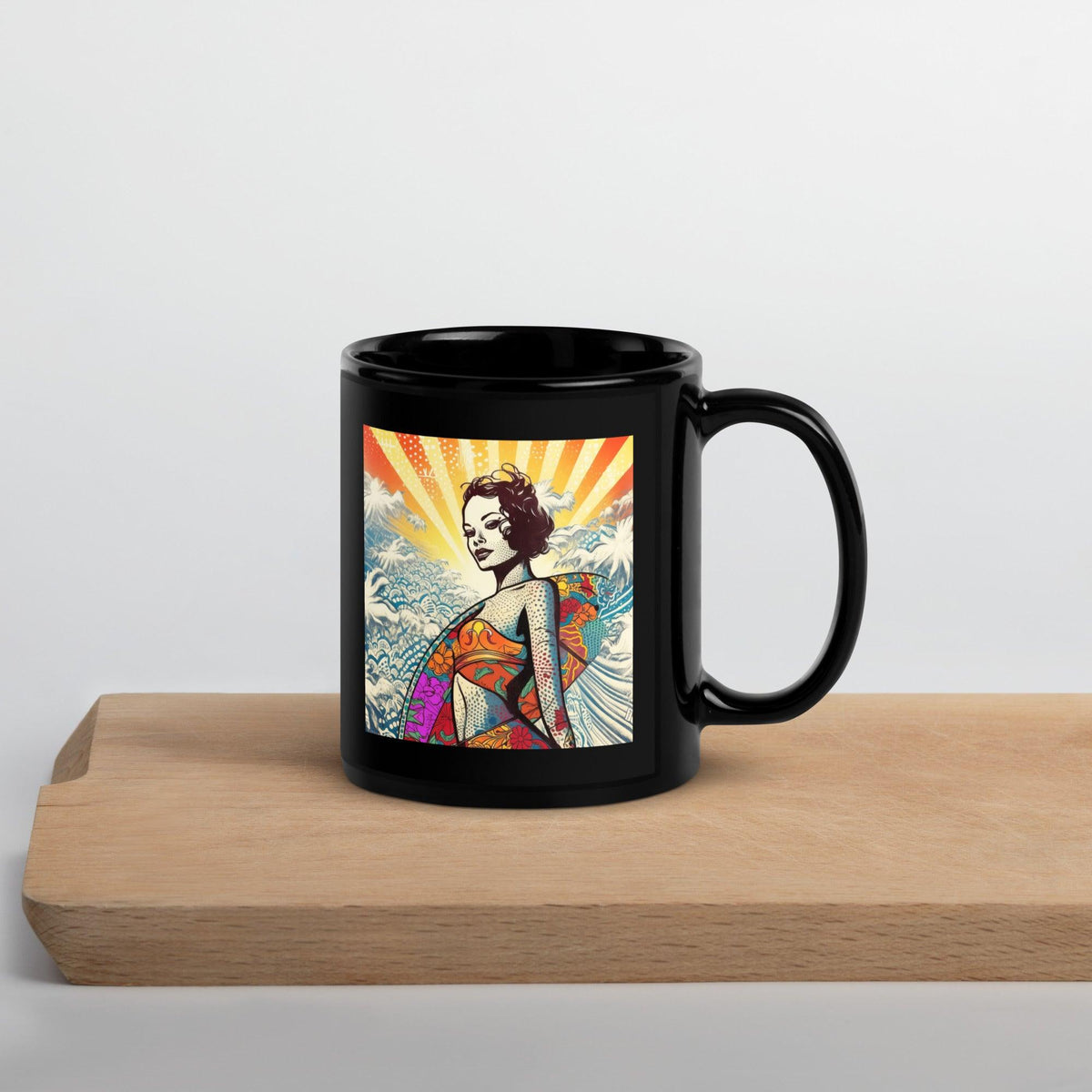 Elegant Surfing 5 27 Black Glossy Mug with sophisticated surf design for coffee lovers.